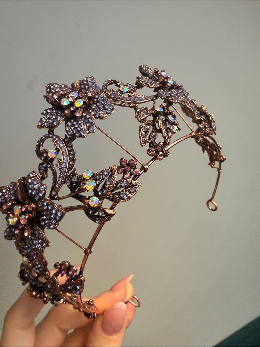 Purple Rhinestone Floral Metal Tiara - Purple Crystal Accent